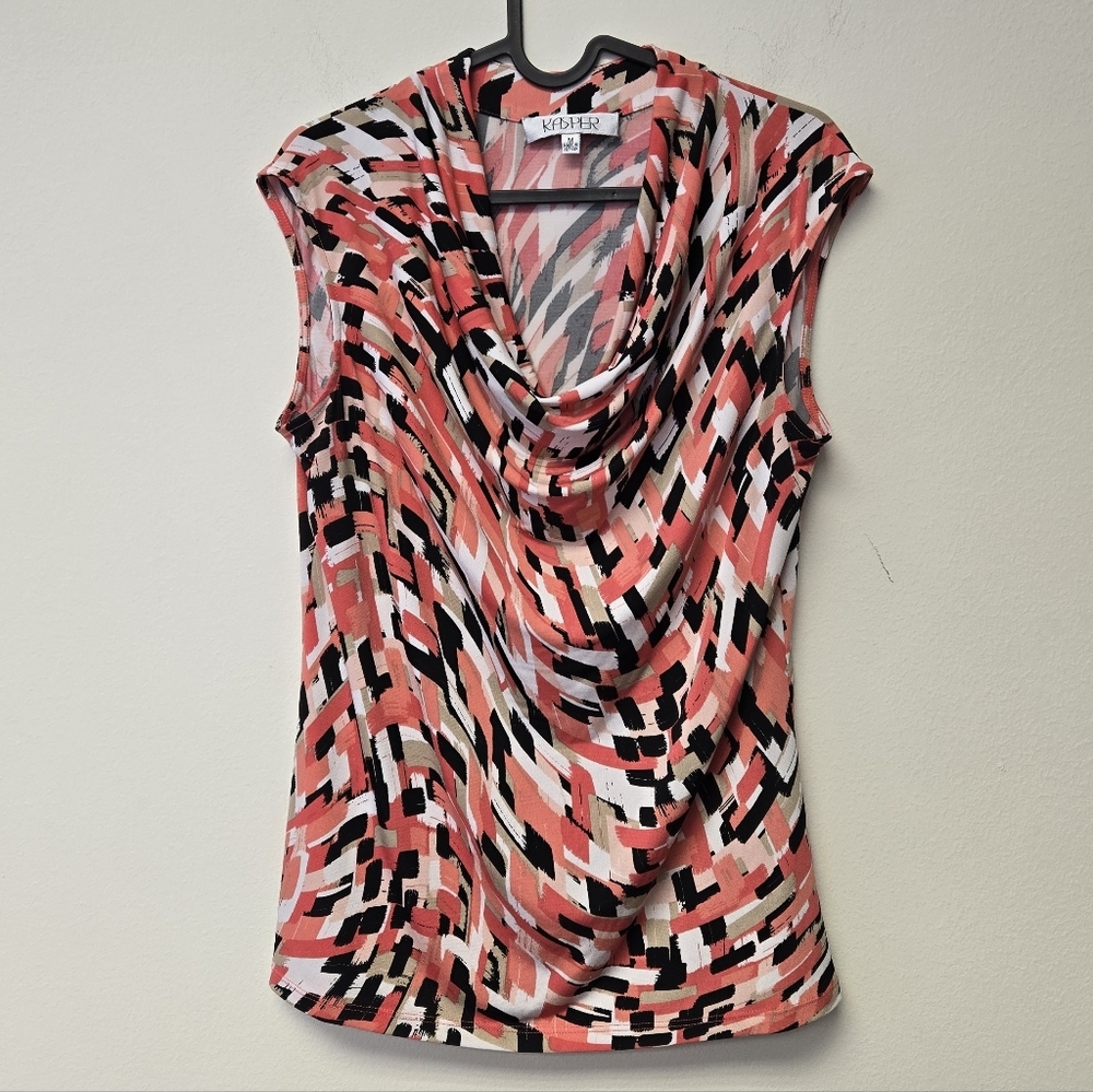 Kasper Cap Sleeve Cowl Neck Top Abstract Coral Black M